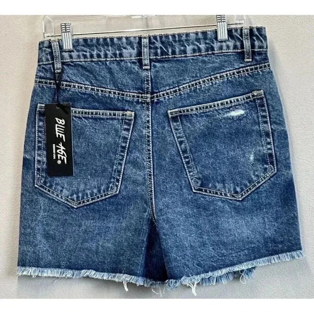 Blue Age Women's Size Large High Rise Raw Hem Distressed 5 Pockets Denim Shorts - Picture 2 of 10